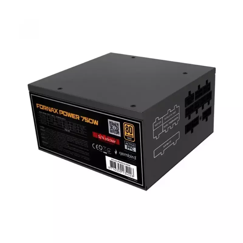 Toiteplokk GEMBIRD Fornax Power 750W ATX 80 PLUS Gold modulaarne 12 cm ventilaator EPS 4+4pin PCIe 6+2pin SATA pistikud