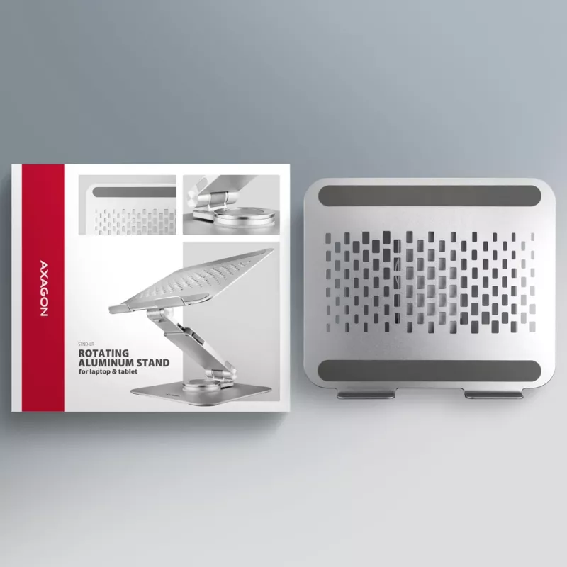 Axagon STND-LR alumiiniumist alus 360° pöörlemisega sülearvutitele 10 inch–17,3 inch. Reguleeritav kõrgus ja nurk.