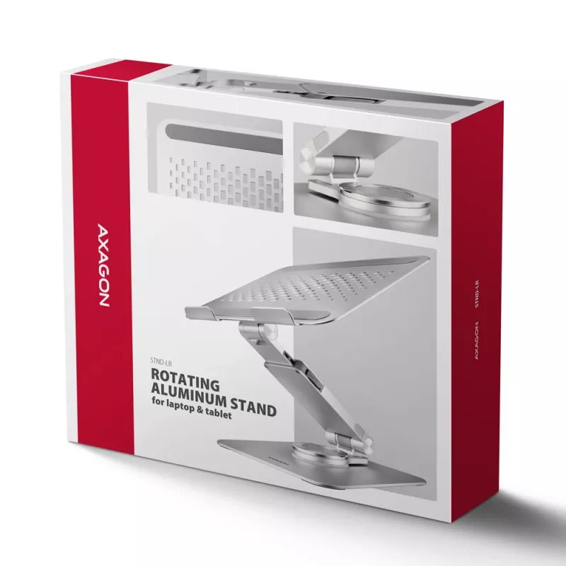 Axagon STND-LR alumiiniumist alus 360° pöörlemisega sülearvutitele 10 inch–17,3 inch. Reguleeritav kõrgus ja nurk.