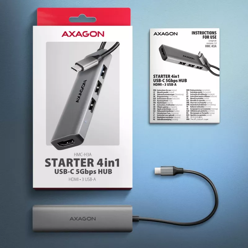 Axagon HMC-H3A USB 5Gbps jaotur, 3x USB-A, HDMI 4k/30Hz, 15 cm USB-C kaabel