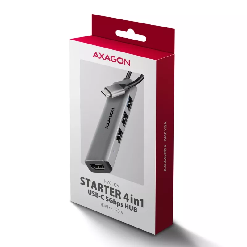 Axagon HMC-H3A USB 5Gbps jaotur, 3x USB-A, HDMI 4k/30Hz, 15 cm USB-C kaabel