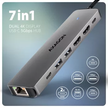 Axagon HMC-7HX2 USB 5Gbps jaotur, 2x USB-A, USB-C, 2x HDMI 4k/60Hz, RJ-45, PD 100W