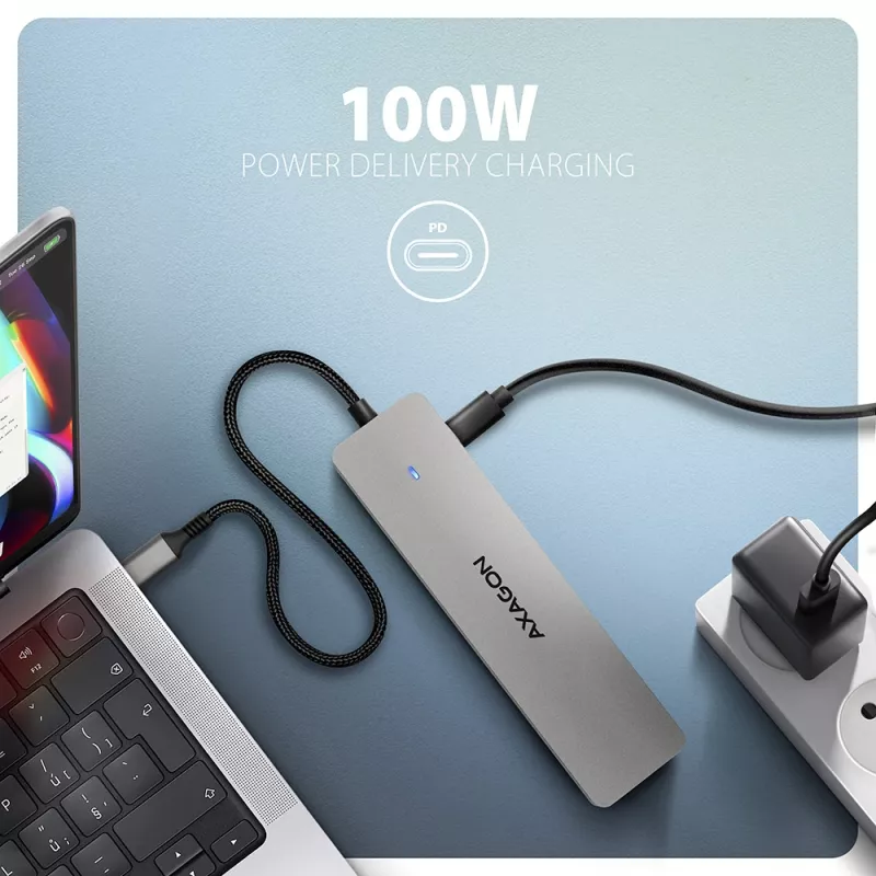 Axagon HMC-7HX2 USB 5Gbps jaotur, 2x USB-A, USB-C, 2x HDMI 4k/60Hz, RJ-45, PD 100W