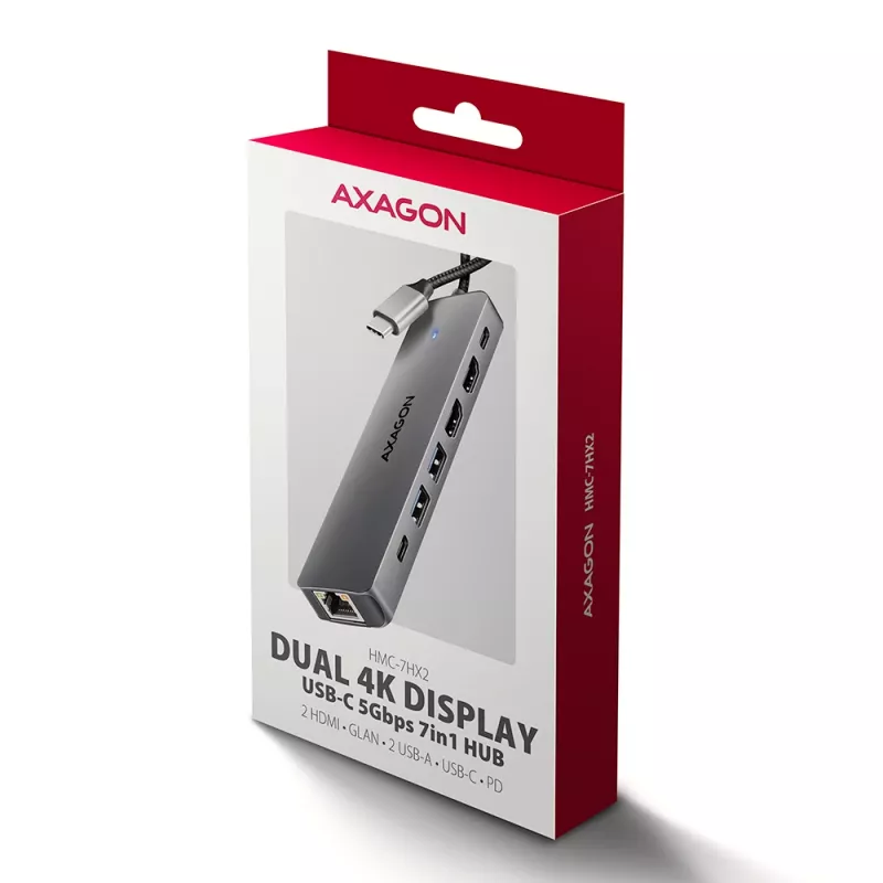 Axagon HMC-7HX2 USB 5Gbps jaotur, 2x USB-A, USB-C, 2x HDMI 4k/60Hz, RJ-45, PD 100W