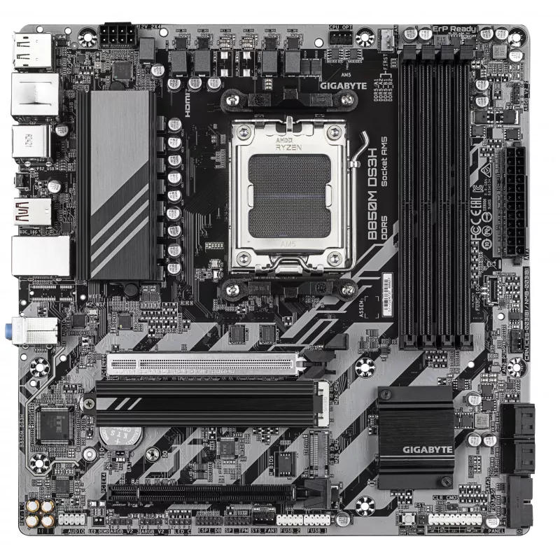 GIGABYTE B850M DS3H emaplaat - AMD Ryzen 9000 seeria protsessoritele, 16+2+2 faasi digitaalne VRM, kuni 8200MHz DDR5 (OC), 1xPCIe 5.0 + 1xPCIe 4.0 M.2, 2.5 LAN, USB 3.2 Gen 2