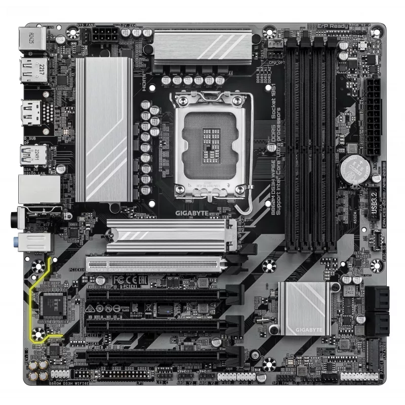 GIGABYTE B860M DS3H WIFI6E emaplaat – Inteli Core Ultra seeria protsessoritele, 5+1+2+1 faasi VRM, kuni 9066 MHz DDR5, 1xPCIe 5.0 + 1xPCIe 4.0 M.2, 2.5GbE LAN, WIFI 6E, USB 3.2 Gen 2