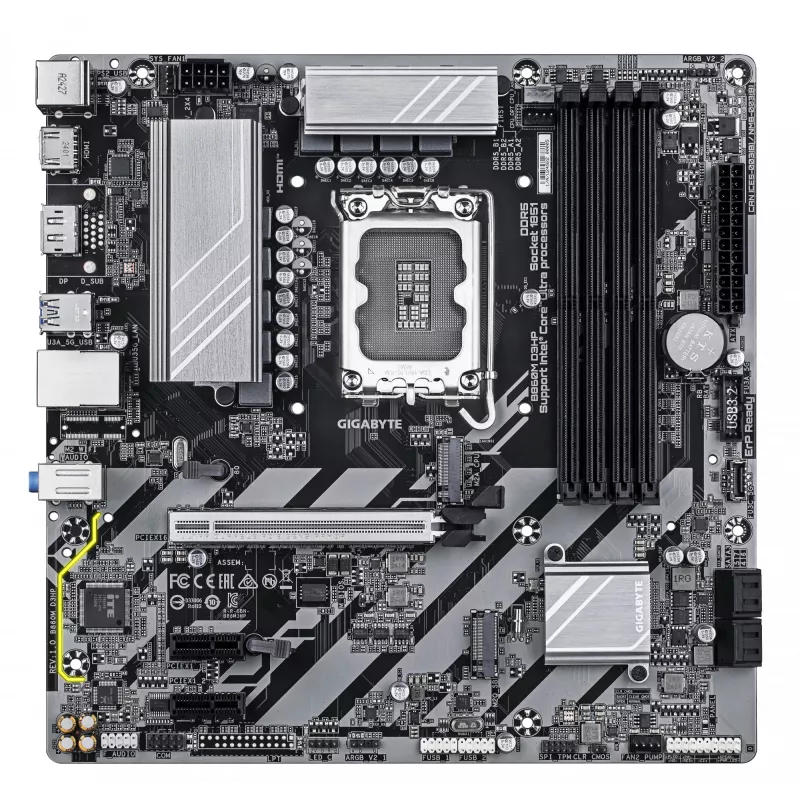 GIGABYTE B860M D3HP emaplaat – Intel Core Ultra seeria protsessoritele, 4+1+2+1 faasi VRM, kuni 9066 MHz DDR5, 2xPCIe 4.0 M.2, GbE LAN, USB 3.2 Gen 1