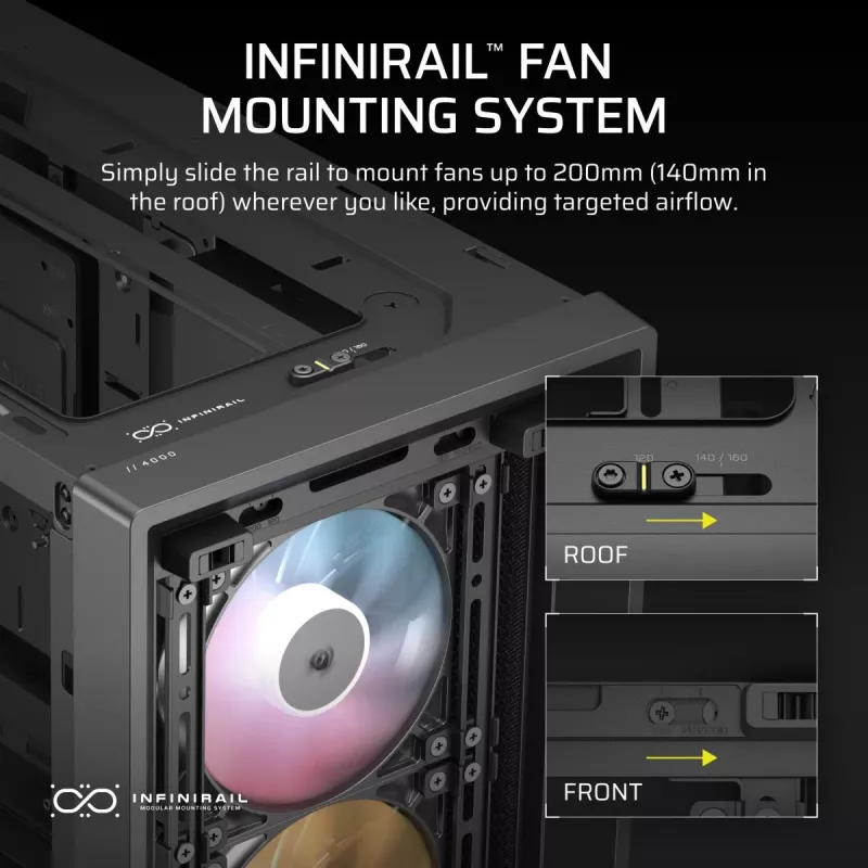 PC case CORSAIR FRAME 4000D RS ARGB Midi Tower Must — ATX/Micro-ATX/Mini-ITX, karastatud klaas, ARGB ventilaatorid, kuni 370 mm GPU