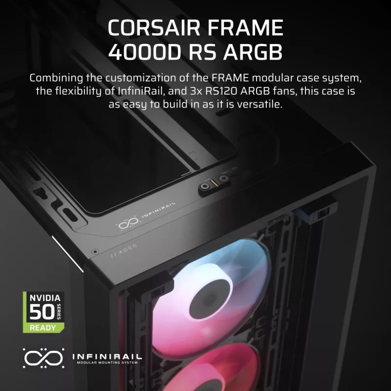 PC case CORSAIR FRAME 4000D RS ARGB Midi Tower Must — ATX/Micro-ATX/Mini-ITX, karastatud klaas, ARGB ventilaatorid, kuni 370 mm GPU