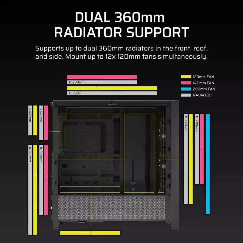 PC case CORSAIR FRAME 4000D RS ARGB Midi Tower Must — ATX/Micro-ATX/Mini-ITX, karastatud klaas, ARGB ventilaatorid, kuni 370 mm GPU