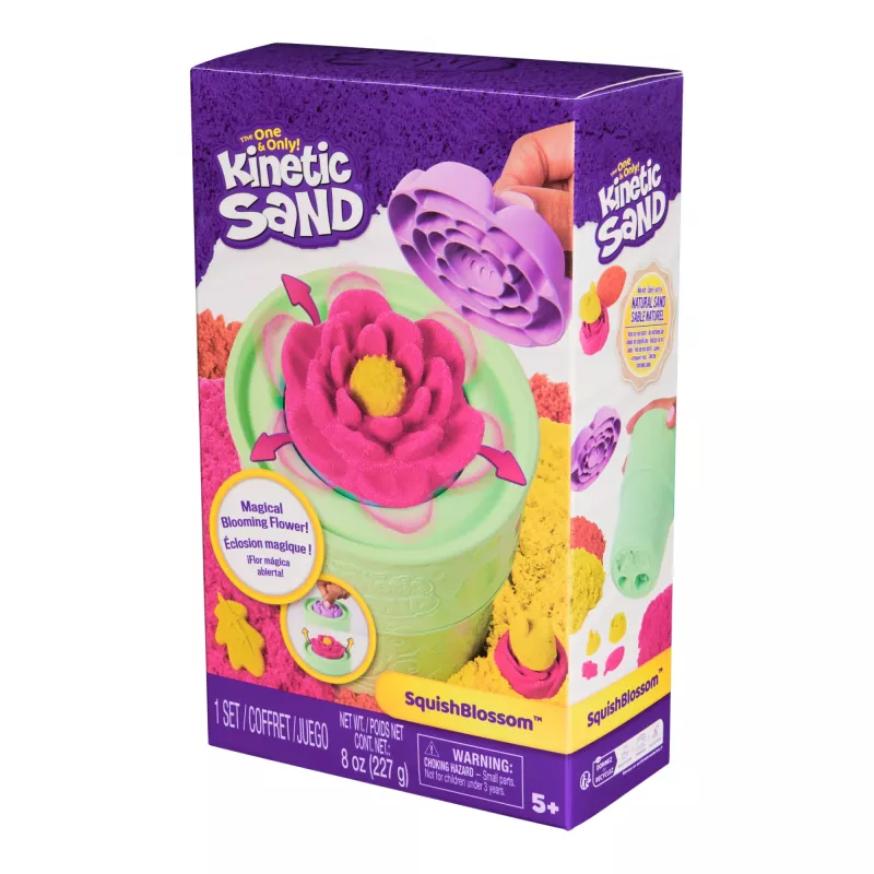 Kinetic Sand, SquishBlossom õitsev lill, lihavõttekorvi täitematerjal, sisaldab 8 untsi neoonkollast ja roosat vormitavat liiva, lillepotti ja vorme, sensoorsed mänguasjad lastele