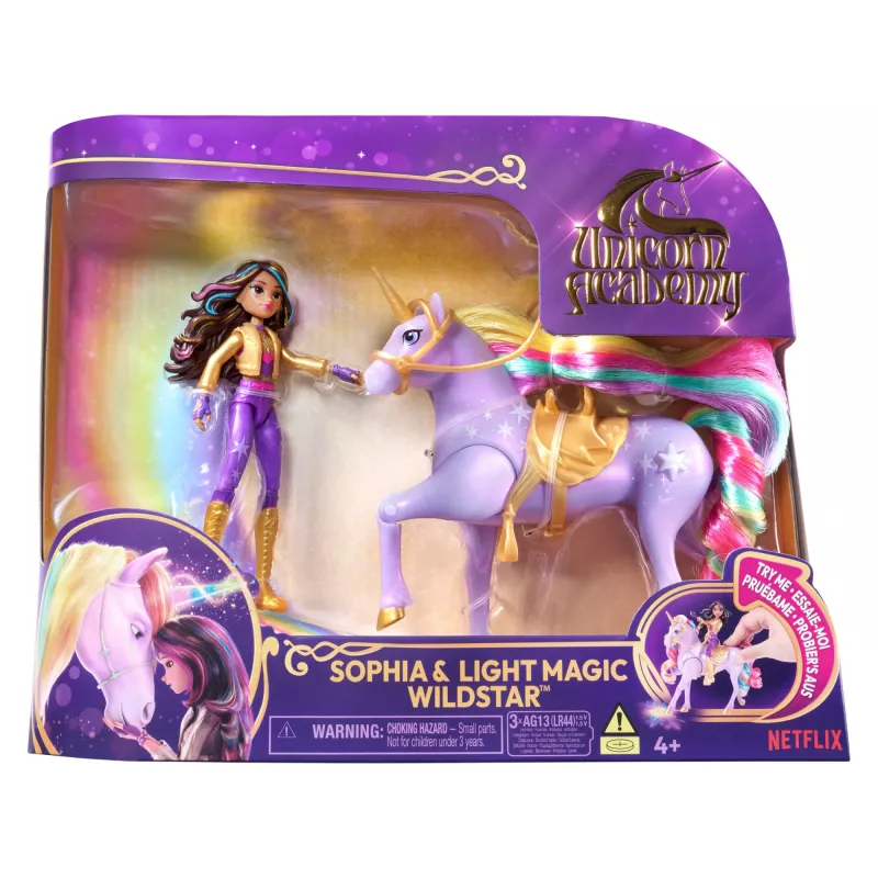 Moe-nukk Usorteret Unicorn Academy Sophia & Light Magic Wildstar vikerkaarevalgusefektidega, LR44 patareid, 241 mm
