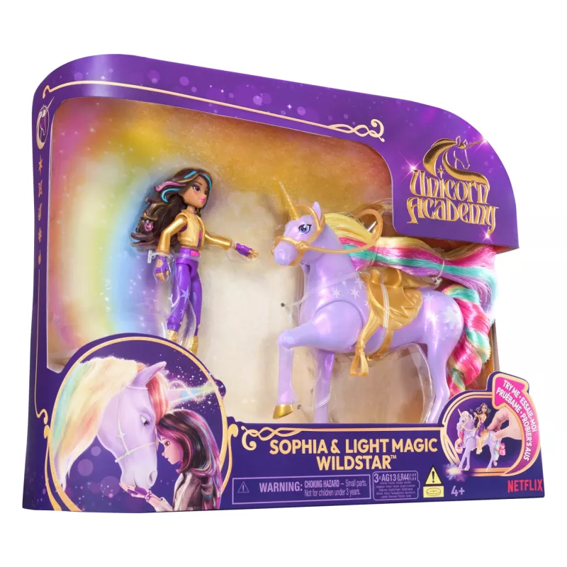 Moe-nukk Usorteret Unicorn Academy Sophia & Light Magic Wildstar vikerkaarevalgusefektidega, LR44 patareid, 241 mm