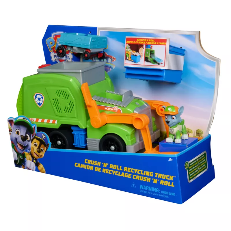 PAW Patrol : Crush N’ Roll prügiauto Rocky tegelaskuju ja ümberkujundatava kokkupressitud prügisõidukiga, laste mänguasjad poistele ja tüdrukutele alates 3. eluaastast