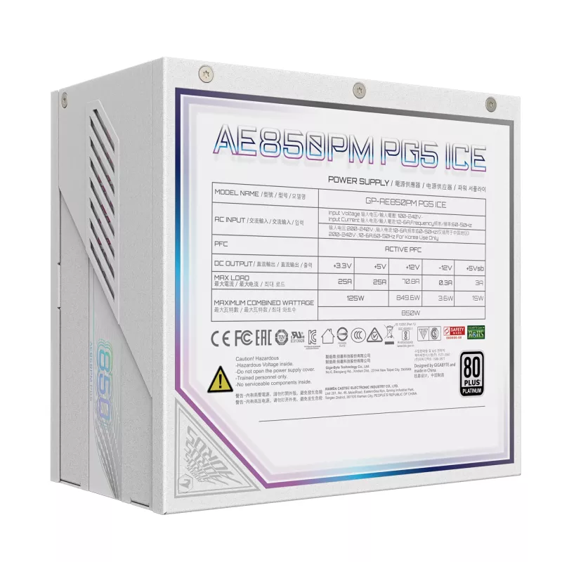 Toiteplokk GIGABYTE AORUS ELITE P850W 850W ATX 80 PLUS Platinum täismodulaarne valge 120 mm ventilaator