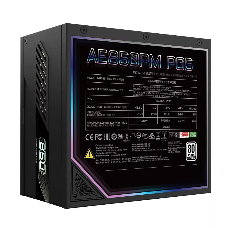 GIGABYTE AORUS ELITE P850W toiteplokk - PCIe 5.0, 80 PLUS Platinum, täismodulaarne disain, 120 mm ventilaator, ATX 3.0 ühilduv, EL-pistik