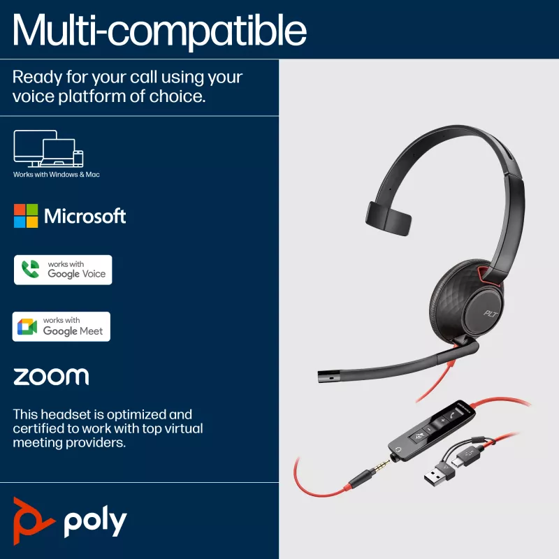HP Poly Mustwire 5210 Monaural USB-C Peakomplekt +3,5 mm pistik +USB-C/A adapter