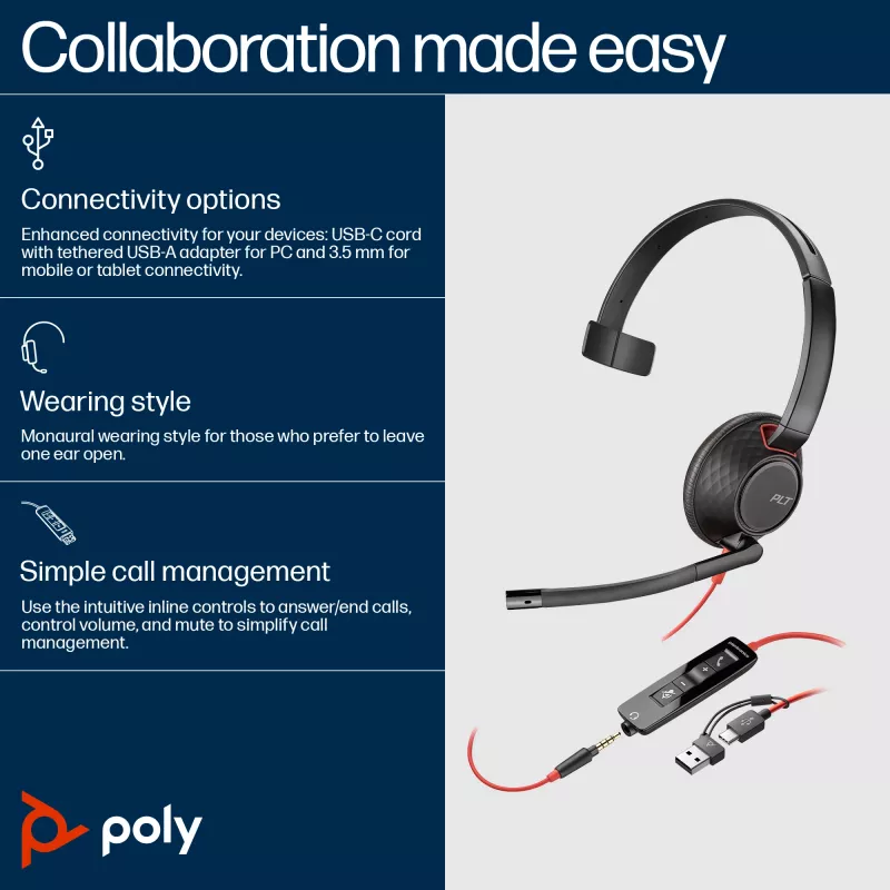 HP Poly Mustwire 5210 Monaural USB-C Peakomplekt +3,5 mm pistik +USB-C/A adapter