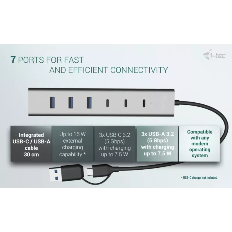 i-tec USB-C/USB-A laadimise metallist jaotur 7 porti (3x USB-C, 4x USB-A)