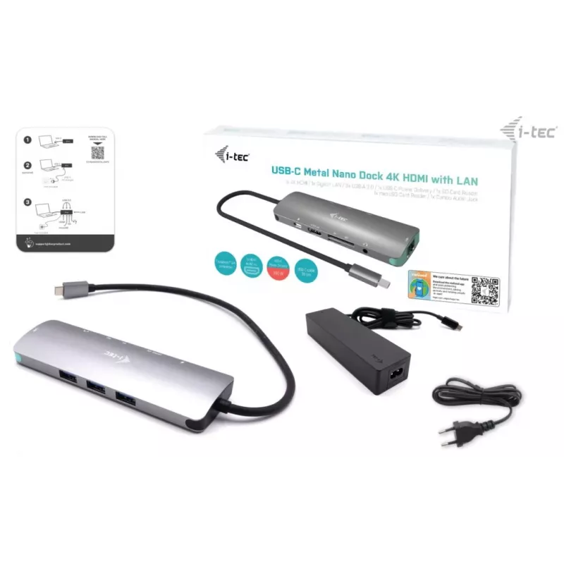 i-tec USB-C Metal Nano dokkimisjaam 4K HDMI LAN toiteedastusega 100 W + universaalne laadija 100 W