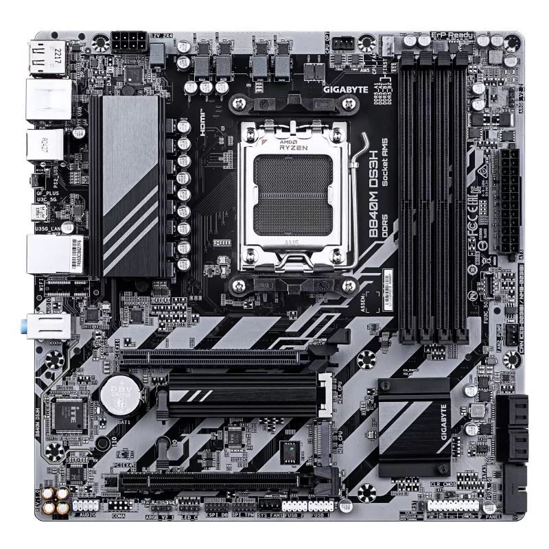 GIGABYTE B840M DS3H emaplaat – AMD Ryzen 9000 protsessoritele, 8+2+2 faasi VRM, kuni 8200 MHz DDR5, 2x PCIe 4.0 M.2, 2.5GbE LAN, USB 3.2 Gen 1