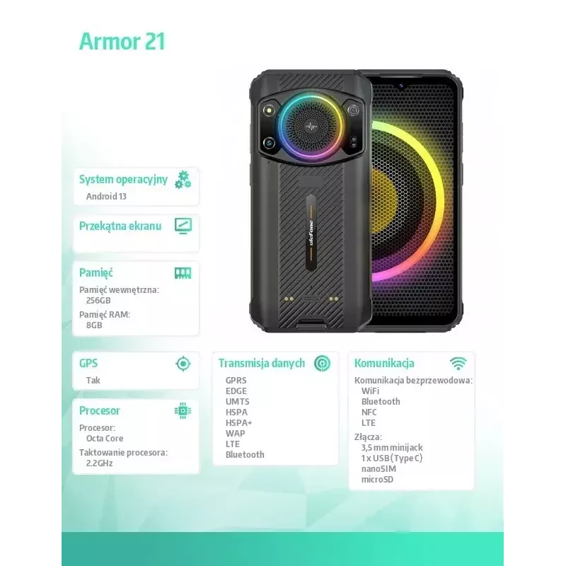 Nutitelefon UleFone Armor 21 — 6,58-tolline ekraan, 8 GB RAM, 256 GB salvestusruum, must