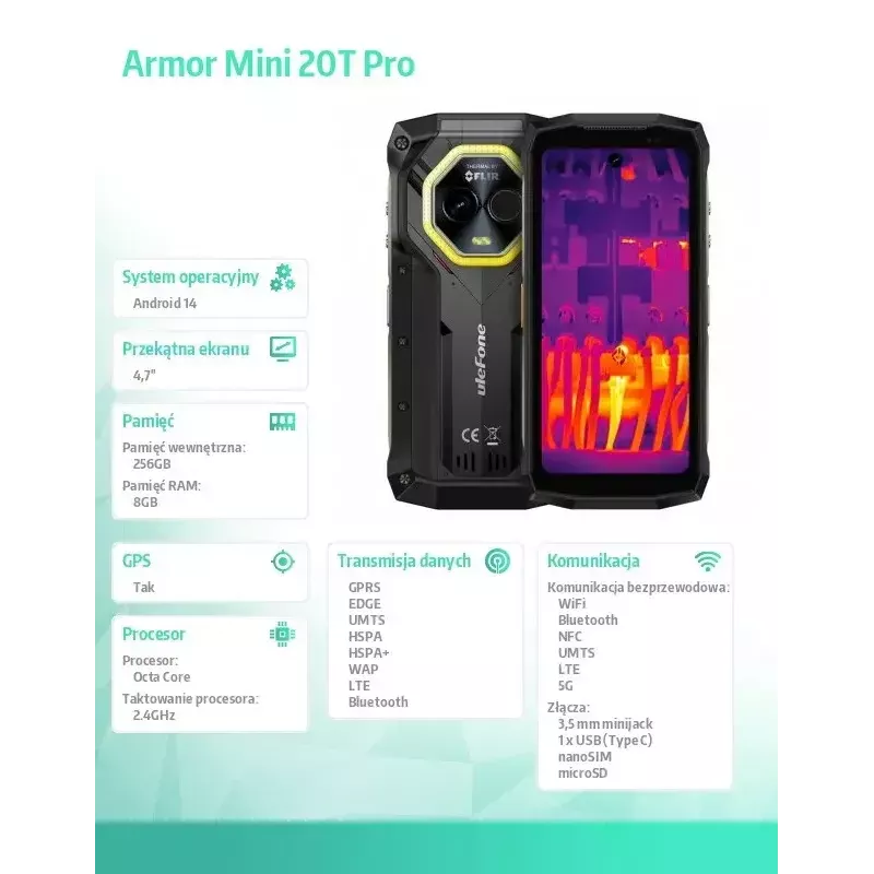 Nutitelefon UleFone Armor Mini 20T Pro 5G, 4,7-tolline ekraan, 8 GB muutmälu, 256 GB salvestusruum, must