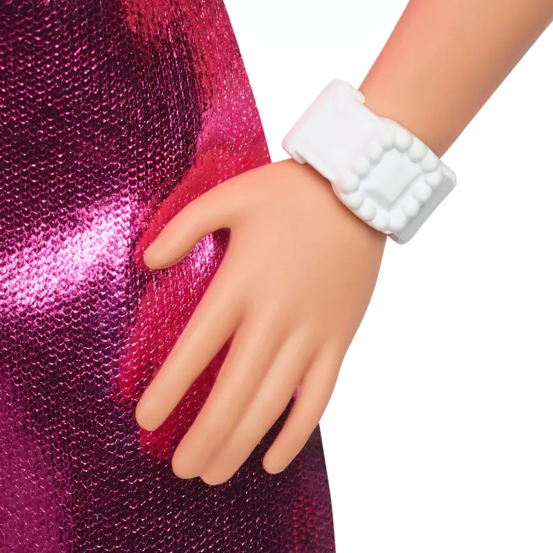 Barbie Fashionistas nukk nr 230 metallilise roosa minikleidiga ja südameväljalõikega, blondid juuksed