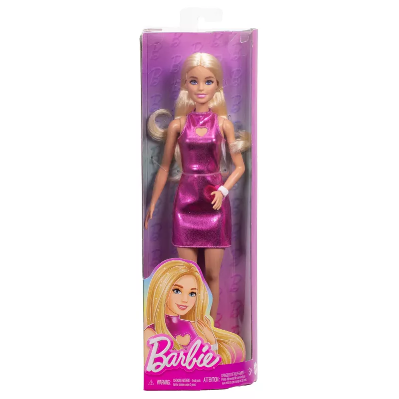 Barbie Fashionistas nukk nr 230 metallilise roosa minikleidiga ja südameväljalõikega, blondid juuksed
