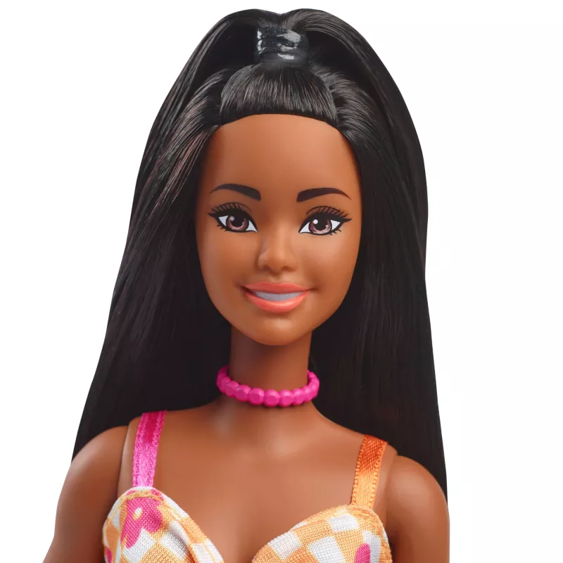 Barbie Fashionistas nukk nr 233 ruudulises lillelises midikleidis, mustade juustega