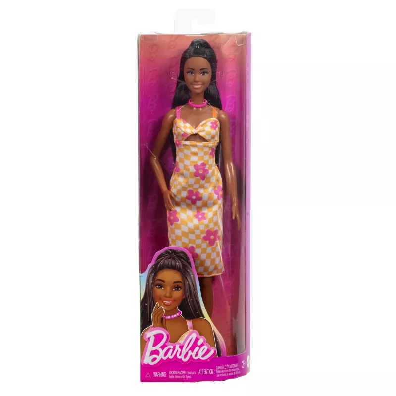 Barbie Fashionistas nukk nr 233 ruudulises lillelises midikleidis, mustade juustega