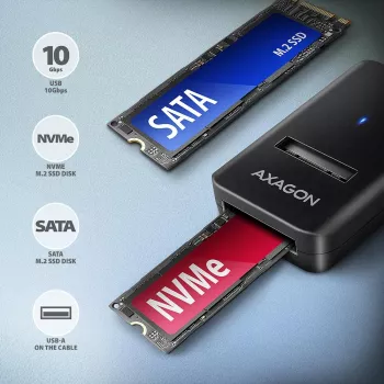 SSD korpus AXAGON ADM2-AM USB-A 10Gbps ühe M.2 NVMe/SATA draivi jaoks, USB 3.2 Gen 2, 10 cm kaabel, must