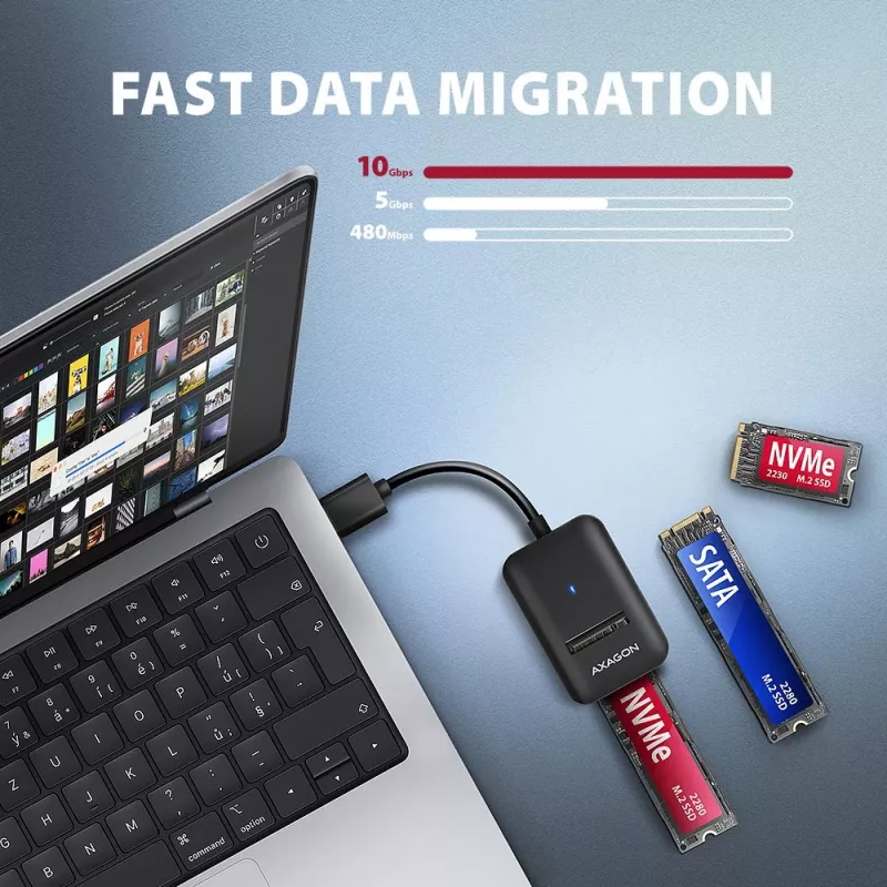SSD korpus AXAGON ADM2-AM USB-A 10Gbps ühe M.2 NVMe/SATA draivi jaoks, USB 3.2 Gen 2, 10 cm kaabel, must