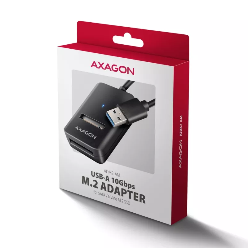SSD korpus AXAGON ADM2-AM USB-A 10Gbps ühe M.2 NVMe/SATA draivi jaoks, USB 3.2 Gen 2, 10 cm kaabel, must