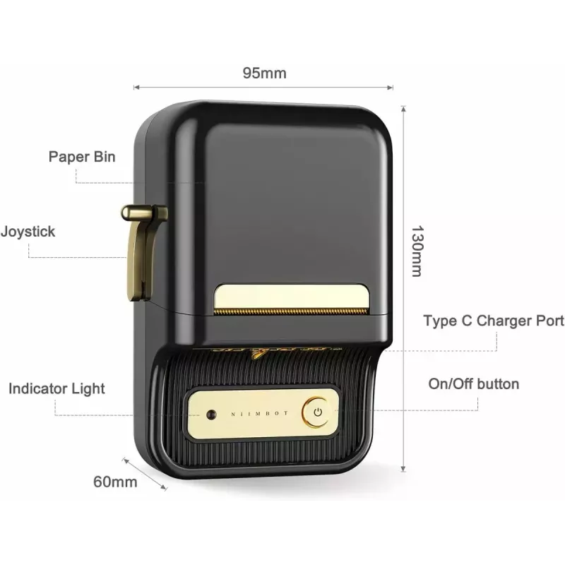 NIIMBOT B21S must – kompaktne Bluetooth rullprinter, 50 mm prindilaius, 60 mm/s, Li-Ion 1200 mAh