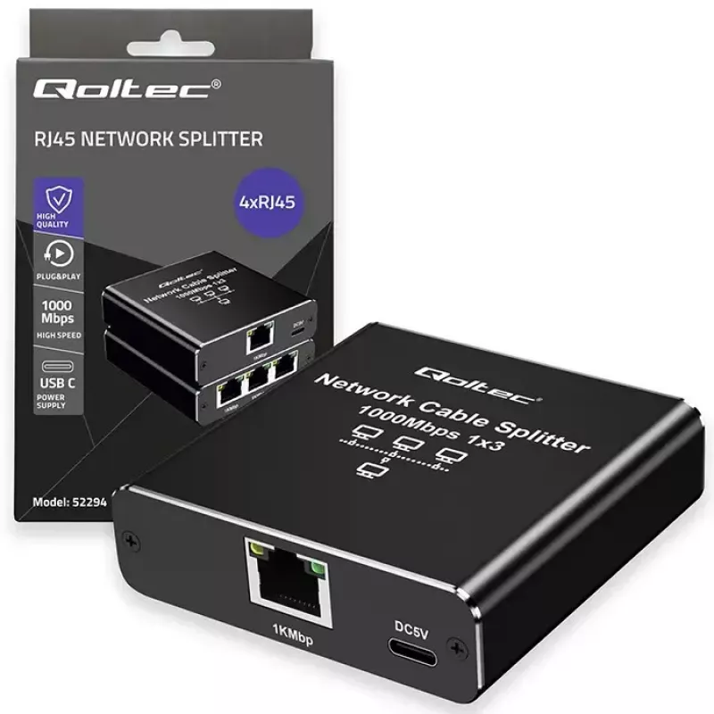 Etherneti jaotur QOLTEC 52294 1x3 RJ45 USB-C toitega