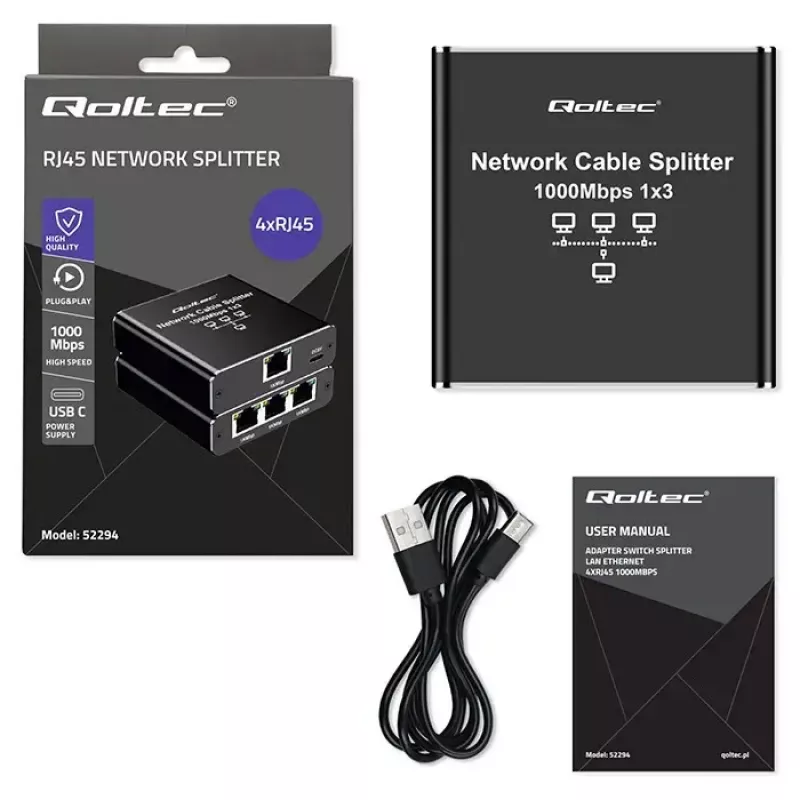 Etherneti jaotur QOLTEC 52294 1x3 RJ45 USB-C toitega