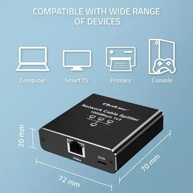 Etherneti jaotur QOLTEC 52294 1x3 RJ45 USB-C toitega