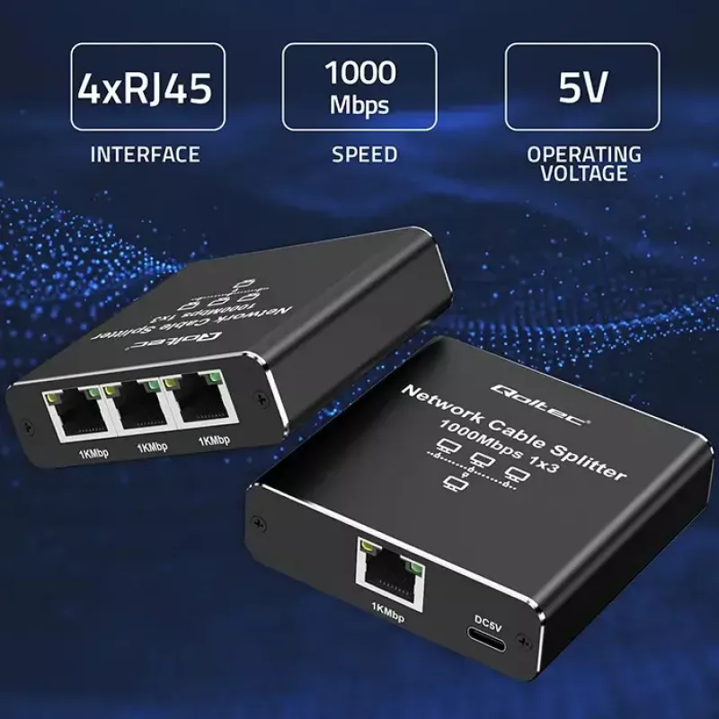 Etherneti jaotur QOLTEC 52294 1x3 RJ45 USB-C toitega