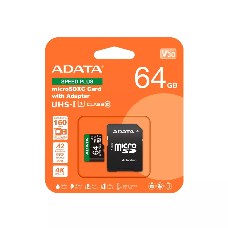 MicroSDXC-kaart ADATA Speed Plus 64 GB UHS Class 3 mudel UD64GUI3V30A2SP-RA1