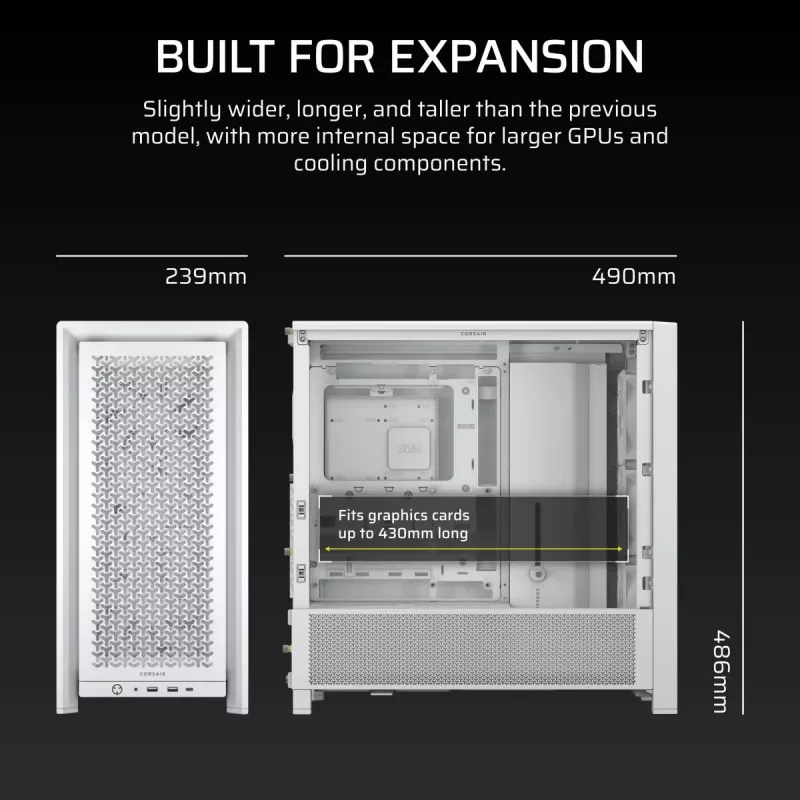 PC-korpus CORSAIR FRAME 4000D RS Midi Tower valge — ATX, karastatud klaas, 3x120mm esiventilaatorit, toetab 360/240/140mm radiaatoreid