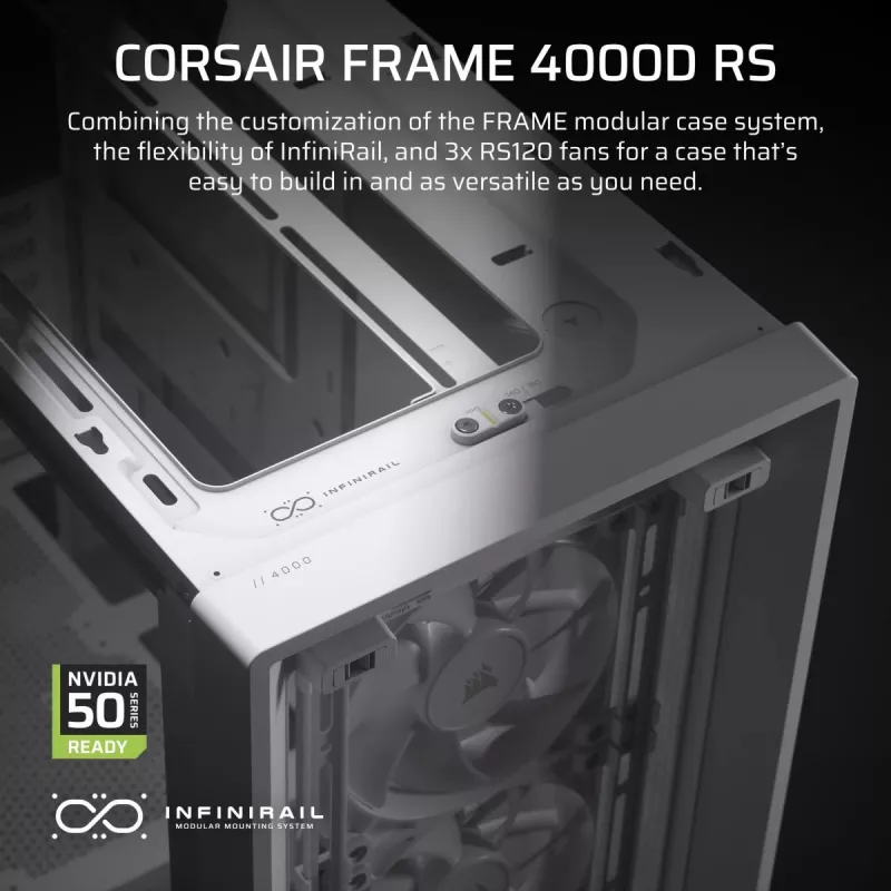 PC-korpus CORSAIR FRAME 4000D RS Midi Tower valge — ATX, karastatud klaas, 3x120mm esiventilaatorit, toetab 360/240/140mm radiaatoreid