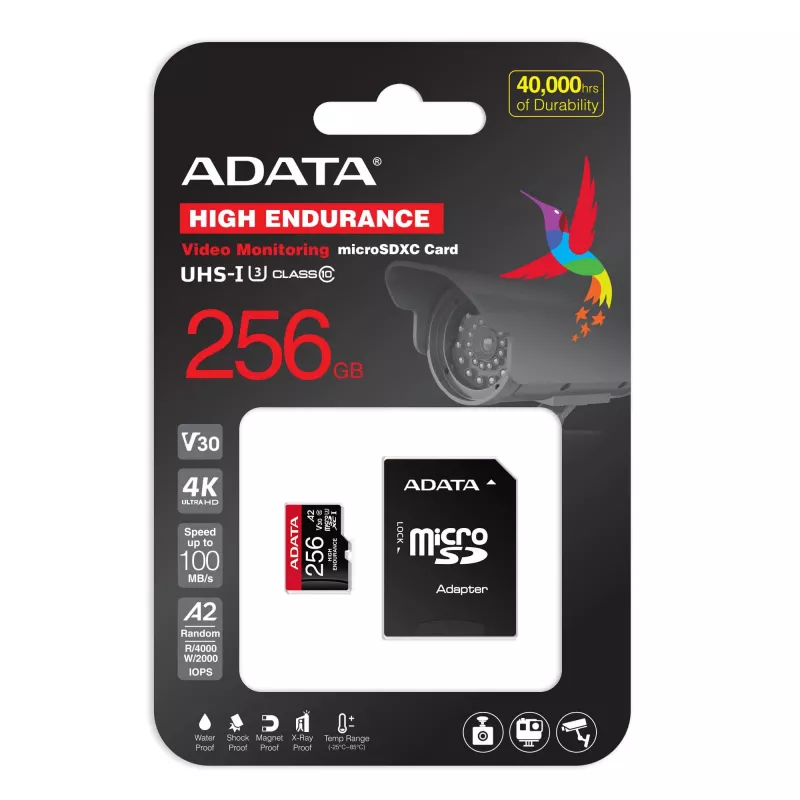 MicroSDXC mälukaart ADATA 256 GB AUSDX256GUI3V30SHA2-RA1 UHS-I Class 10 V30 (lugemine 100 MB/s, kirjutamine 80 MB/s) koos SD-adapteriga