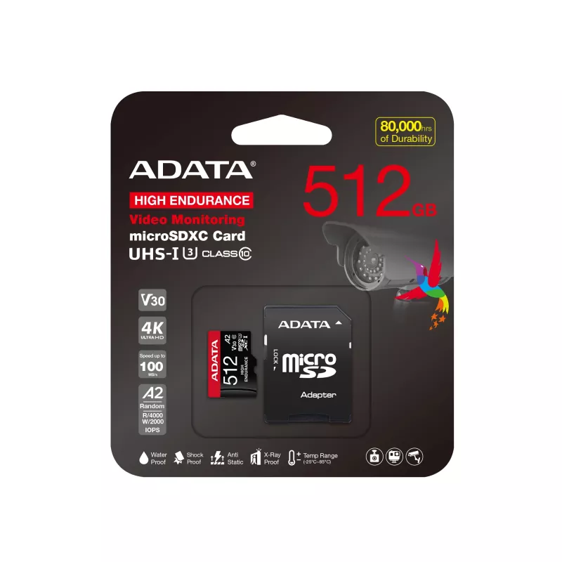 MicroSDXC-mälukaart ADATA 512 GB UHS‑I U3 V30 Class 10 A2, 100/85 MB/s, veekindel