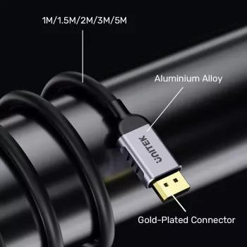 DisplayPort kaabel Unitek C1628GY01-2M — 2 m, DisplayPort 2.1, 7680×4320 @ kuni 240 Hz, 32.4 kanalit, tinatud vask