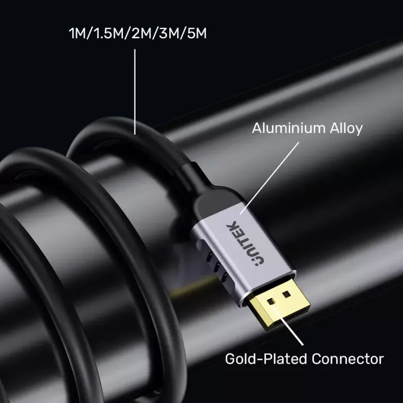 DisplayPort kaabel Unitek C1628GY01-2M — 2 m, DisplayPort 2.1, 7680×4320 @ kuni 240 Hz, 32.4 kanalit, tinatud vask