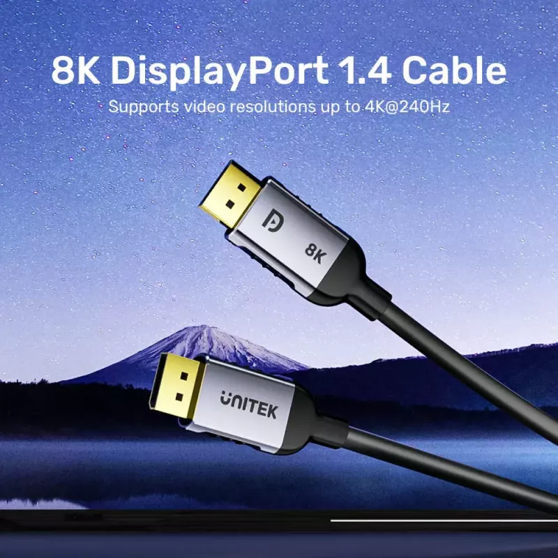 DisplayPort kaabel Unitek C1628GY01-2M — 2 m, DisplayPort 2.1, 7680×4320 @ kuni 240 Hz, 32.4 kanalit, tinatud vask