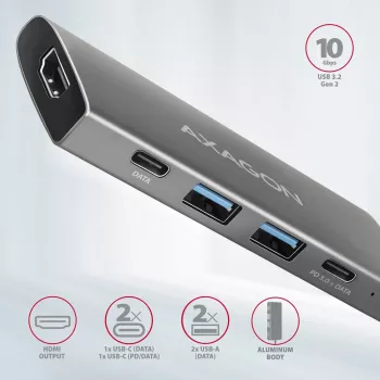 Axagon HMC-5G21 USB 10Gbps jaotur, 2x USB-A, 2x USB-C, HDMI 4k/30Hz, PD 60W, USB-C kaabel