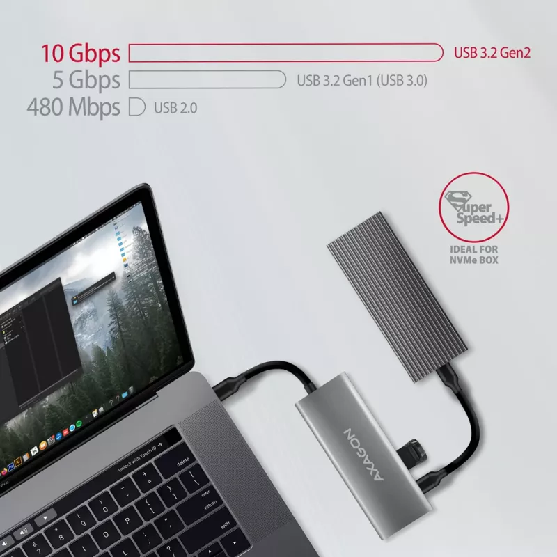 Axagon HMC-5G21 USB 10Gbps jaotur, 2x USB-A, 2x USB-C, HDMI 4k/30Hz, PD 60W, USB-C kaabel