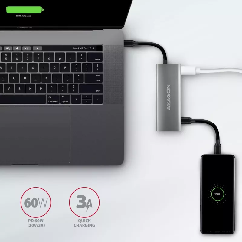 Axagon HMC-5G21 USB 10Gbps jaotur, 2x USB-A, 2x USB-C, HDMI 4k/30Hz, PD 60W, USB-C kaabel